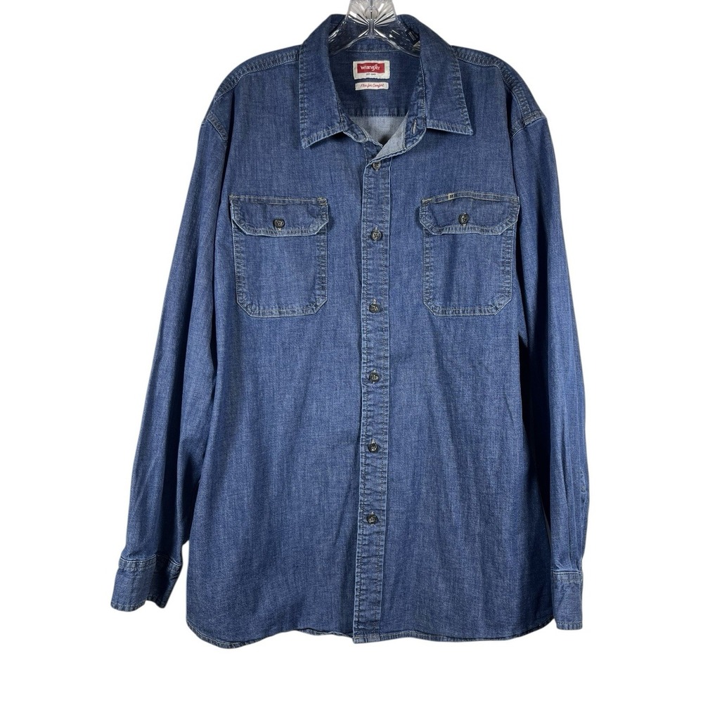 WRANGLER Sz XL Men's Denim Shirt Button Down LS Flex Comfort Dark Blue Wash Work